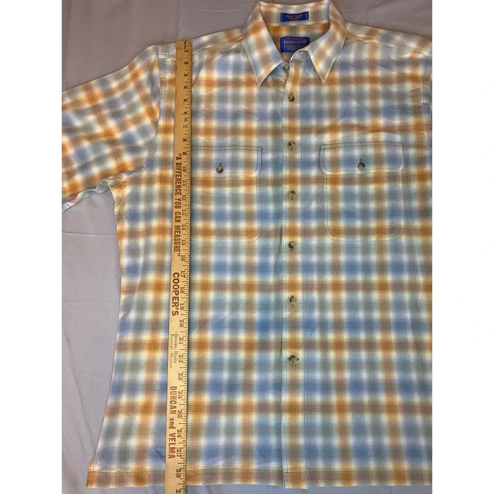 Pendleton Hiker Shirt Mens Large Blue Orange Plaid Excellent Short Sleeve Cotton